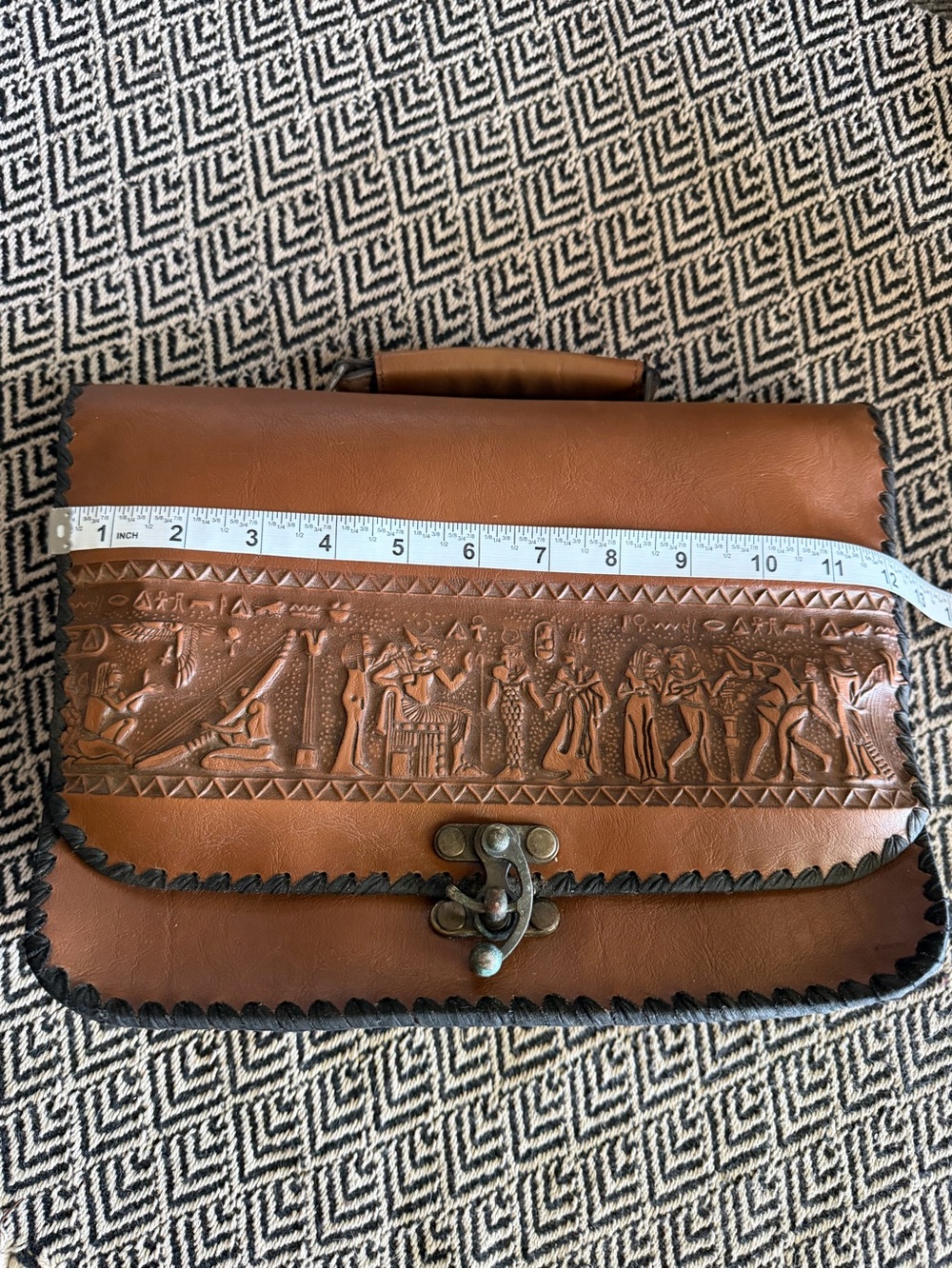 Vintage Egyptian Revival Tooled Leather Briefcase Handbag Brown